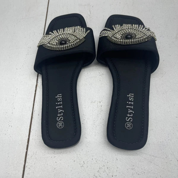Stylish Black Rhinestone Tassel Evil Eye Square Toe Slide Sandals Women’s 36