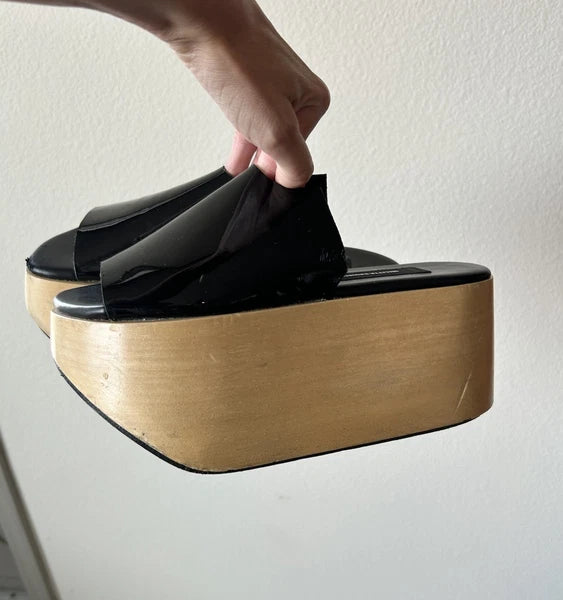 MELITTA BAUMEISTER Wood Platform Patent Leather Slide Sandals Designer Shoes 7