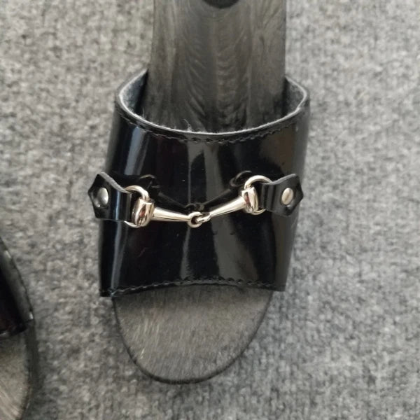 Made in Italy Women Clogs Size US 6M Black Open Toe Wooden Look w Silver Buckle*