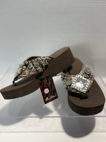 Montana West Rhinestone & Silver Stud Camo Western Style Wedge Sandals Sz6-6.5