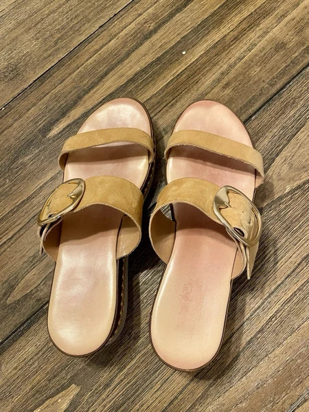 Coach and Four Treviso Tan Leather Platform Slide Sandals Gold Buckle Size 8