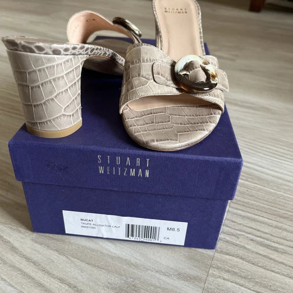 STUART WEITZMAN Style 87580 Taupe Croc Embossed Leather Heels Sandals Size 8.5M