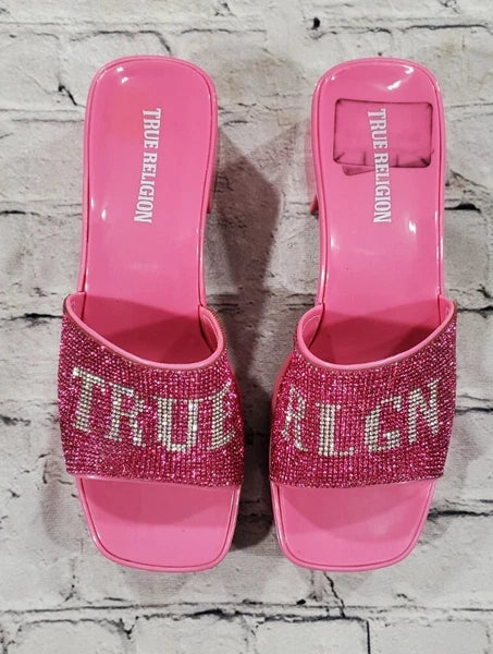 True Religion Bling Silver Pink Stoned Sandals Block Heels WOMENS SIZE 10