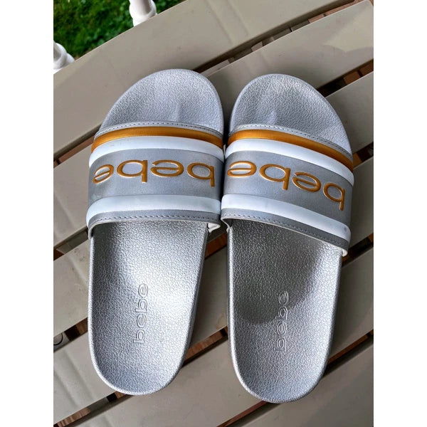 Bebe Silver Slides Sandals Women's Casual Slip On Logo Comfort Size 8 NWOT