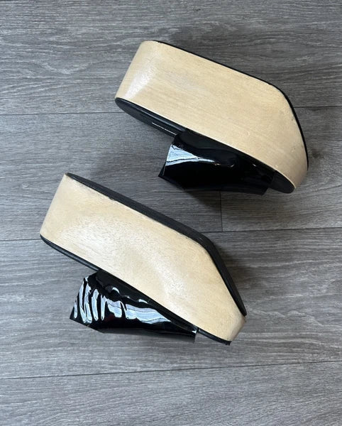 MELITTA BAUMEISTER Wood Platform Patent Leather Slide Sandals Designer Shoes 7