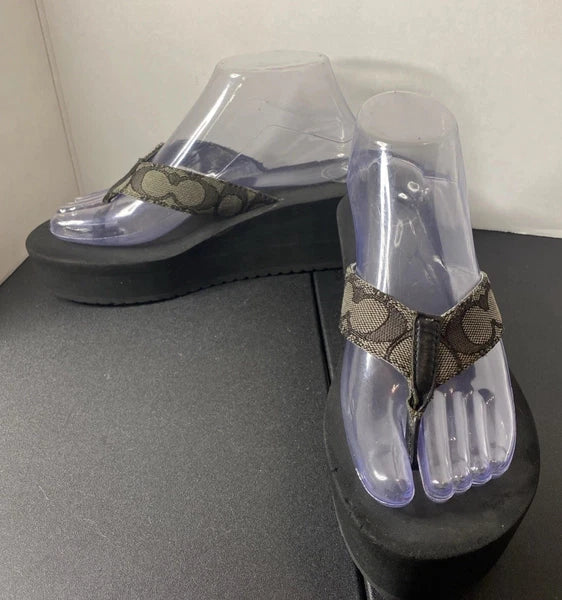 COACH Classic Platform Wedge Flip Flop Sandals Size 8-9 Black/Gray Logo
