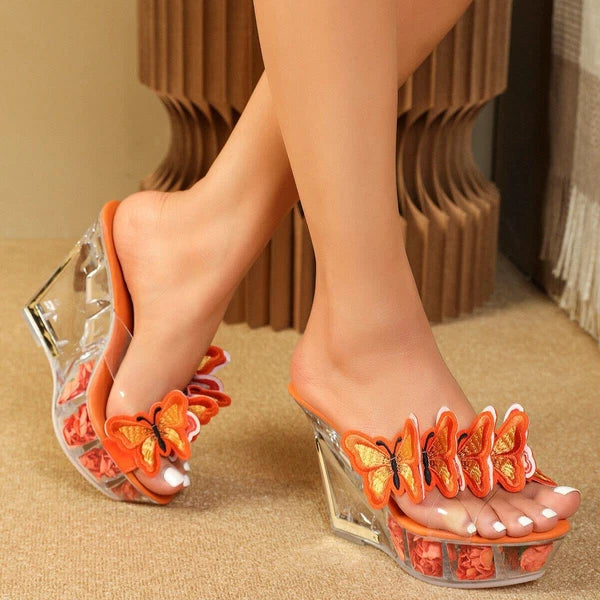 Women Clear Mule Slide Platform Butterfly Transparent Wedge Heel Sandal Slippers