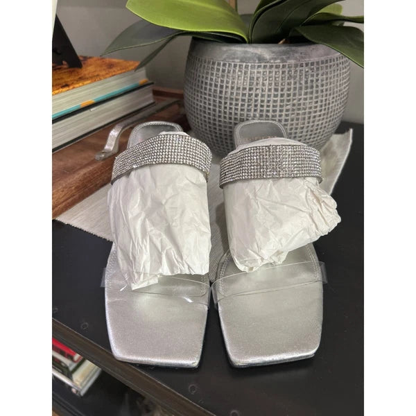 Black Suede Studio Cali SILVER Glitter Slide Sandal Womens Size 38.5