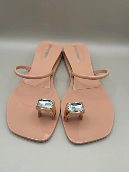 JEFFREY CAMPBELL Balia Womens Wedge Sandals Flip Flops Beige Sz 8 Repaired