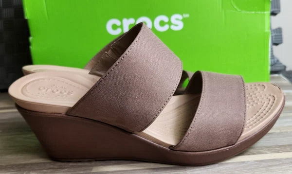 Crocs Leigh 2 Strap Wedge Sandals 11w Bronze Dual Comfort Women's Fashion Shoes