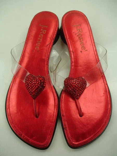 Women's 9 M J. Renee Carlata Red Rhinestones Heart Clear Thong Sandals Thong NWT