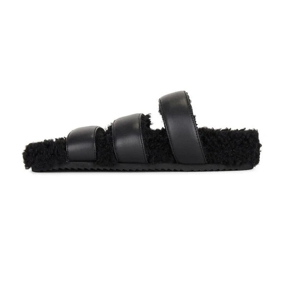 ROAM NIB $139 Black 3 Strap Faux Leather Fuzzy Slide Sandals Sz 6