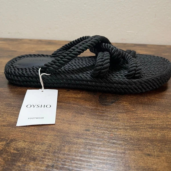OYSHO Rope Slide Sandals 8 Womens Black Slip On Beach Boho Open Toe Casual New