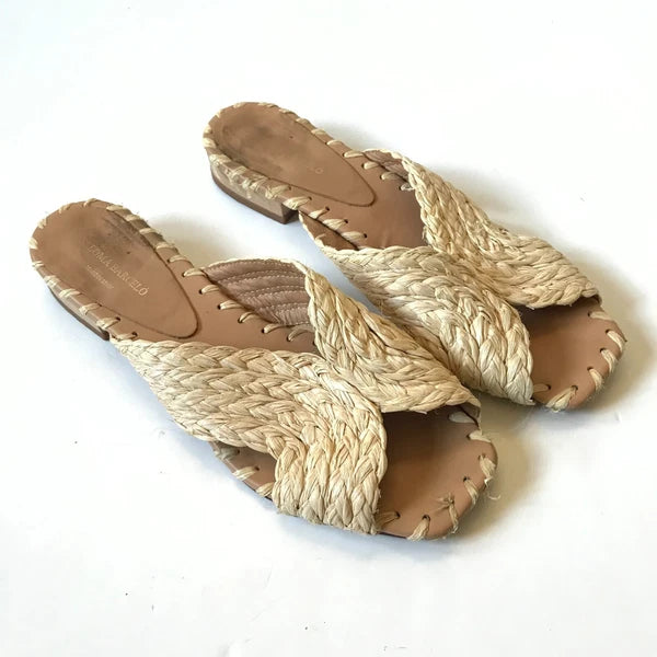 Paloma Barcelo Raffia Sandals Slide Womens 39 9 Natural Open Toe Slip On Leather