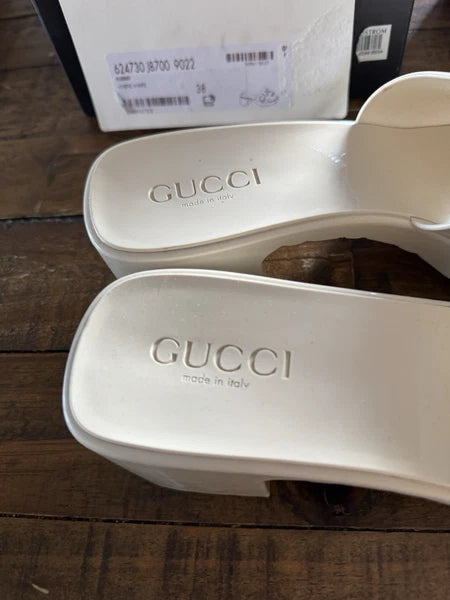 Gucci $550 Rubber Slide Sandal Block Heel Mystic White Women’s Sz 38 (US 8)