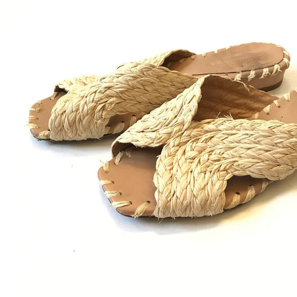 Paloma Barcelo Raffia Sandals Slide Womens 39 9 Natural Open Toe Slip On Leather