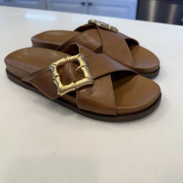 SCHUTZ Enola Crisscross Buckle CAMEL Leather Sandals Slides Women's 7 NEW!