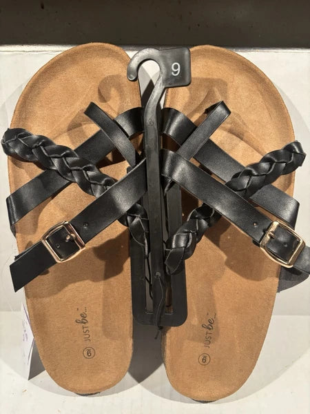 Sandals Black Womens Just Be Buckle Cork Style Bottoms Non Slip Faux Leather NWT