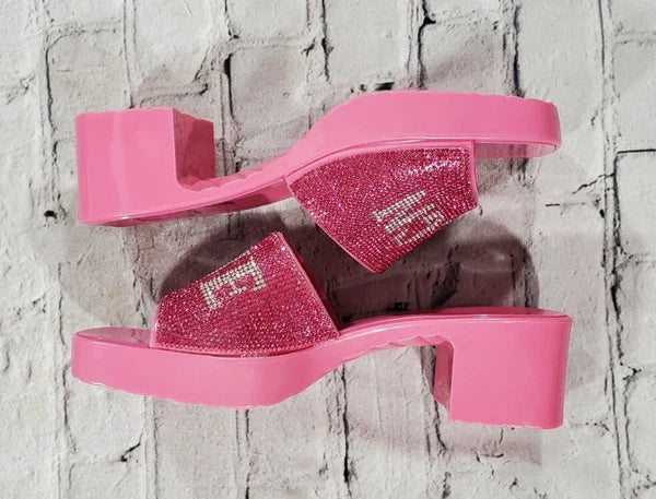 True Religion Bling Silver Pink Stoned Sandals Block Heels WOMENS SIZE 10