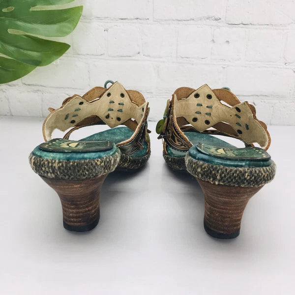 Spring Step Slide Sandal Womens 37/US 6.5 Green Leather Slip-On Low Heel Floral