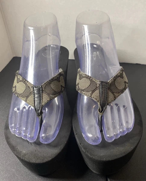 COACH Classic Platform Wedge Flip Flop Sandals Size 8-9 Black/Gray Logo