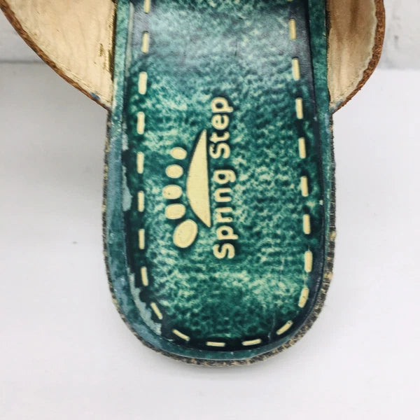 Spring Step Slide Sandal Womens 37/US 6.5 Green Leather Slip-On Low Heel Floral