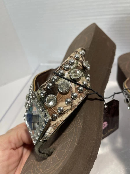 Montana West Rhinestone & Silver Stud Camo Western Style Wedge Sandals Sz6-6.5