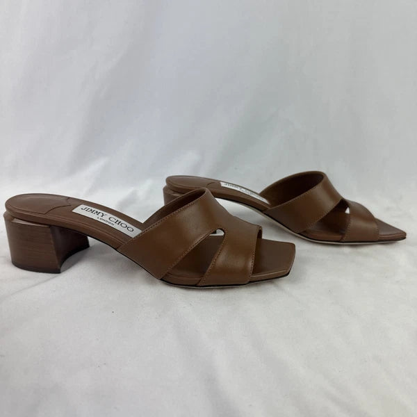 Jimmy Choo Allison Mule 45 Leather Heel Slide Camel Brown Tan Sz 36.5 6.5