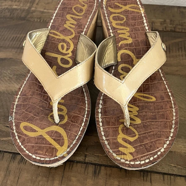 Sam Edelman Women's Romy Sandal Size 7.5 M Cork Wedge Platform Tan Thong Slide