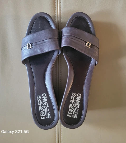 Ferragamo Mules Slides Mid Wedge Gunmetal Silver Leather Women Sandals US 8.5