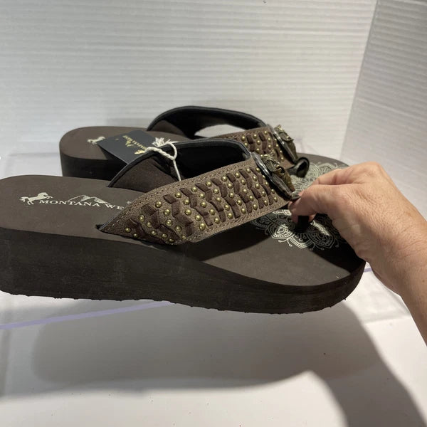 Montana West Silver/Bronze Longhorn&Bronze Stud Western Style Wedge Sandals Sz10