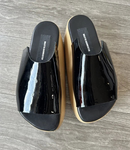 MELITTA BAUMEISTER Wood Platform Patent Leather Slide Sandals Designer Shoes 7