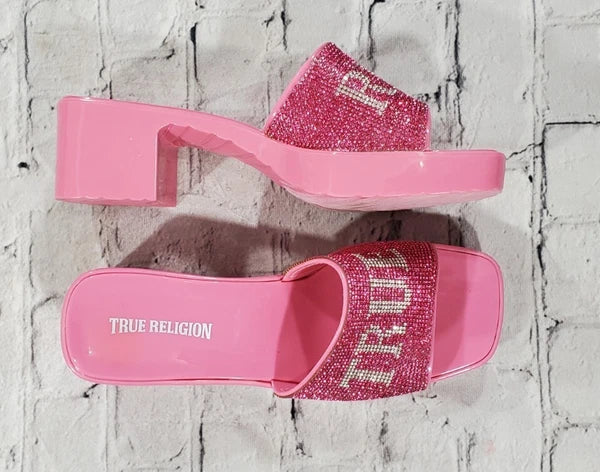True Religion Bling Silver Pink Stoned Sandals Block Heels WOMENS SIZE 10