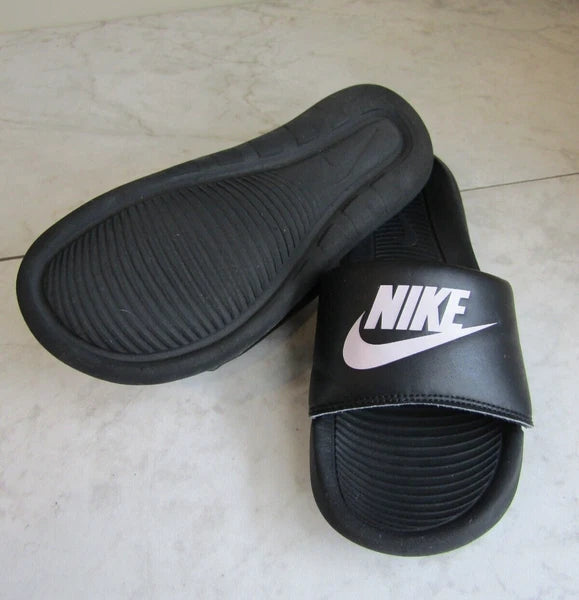 NIKE Swoosh Black/White Logo Wide Strap Slides Sandal Shoes Women's Size 7 EU 38
