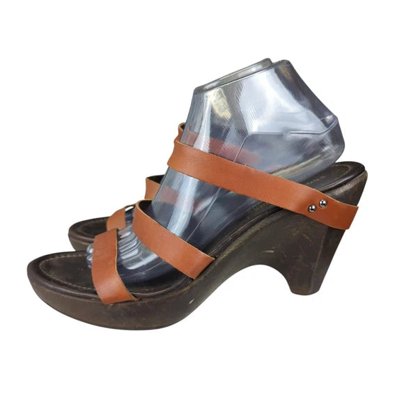 Vtg Donald Pliner Sandals Women's Size 10M Leather Strappy Wooden Heel Brown