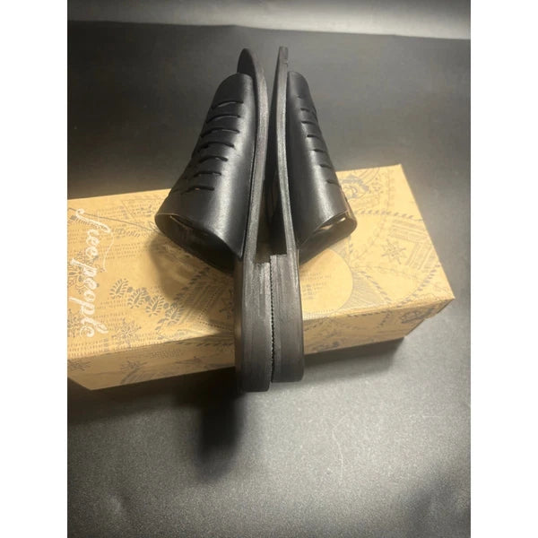 Free People NEW Slice of Sun Black Leather Slide Sandals Woven Slip On Size 8