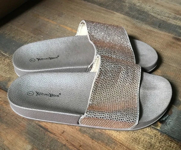 Nature Breeze Women's Sandals-Shoes-Size 7-Gold-Flat-Rhinestones-Fashion Slides