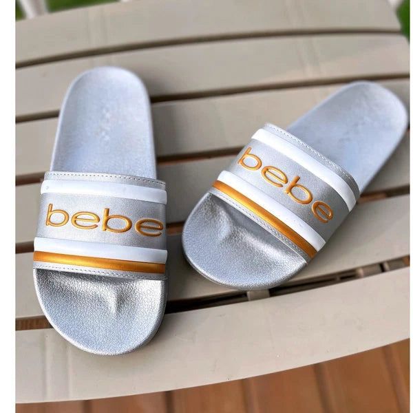 Bebe Silver Slides Sandals Women's Casual Slip On Logo Comfort Size 8 NWOT