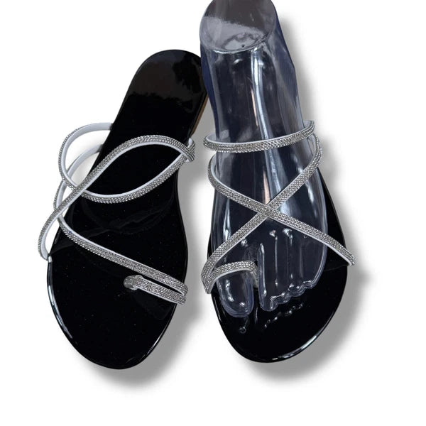 Boutique Rhinestone Sandals Women's Thong Strap Diamante Flat Sandal Slides Sz 9