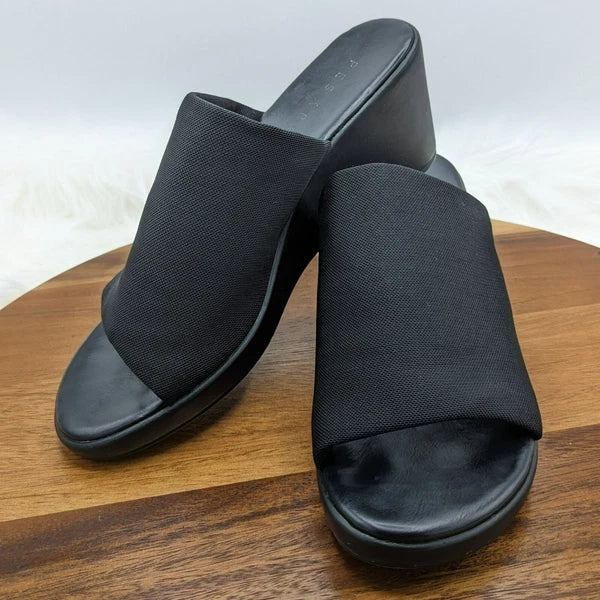 Pesaro Sara Slides Mules Sandals 9.5 Black Fabric Stretch Wedges 90s Y2K Popular