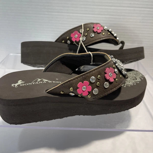 Montana West Flower CutOut Rhinestones/Studs Western Style Wedge Sandals Sz8-8.5