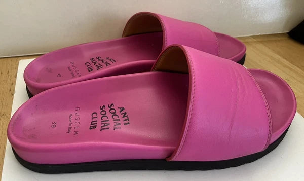 BUSCEMI X ASSC ANTISOCIAL SOCIAL CLUB PINK Truffle Leather SLIDES Sandals-Sz 39