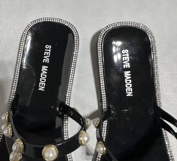Steve Madden Nonii Womens Sz 10 Jelly Pearl Bling Rhinestone Slide Sandals Black