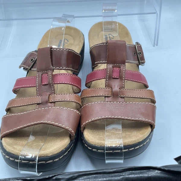 Clarks Leather Strappy Buckle Sandals Brown Red Women’s 11 Comfort Boho Style