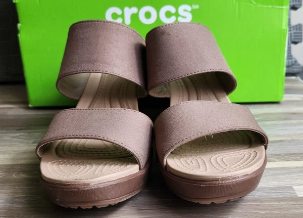 Crocs Leigh 2 Strap Wedge Sandals 11w Bronze Dual Comfort Women's Fashion Shoes