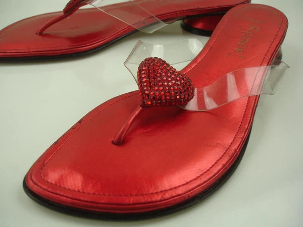 Women's 9 M J. Renee Carlata Red Rhinestones Heart Clear Thong Sandals Thong NWT