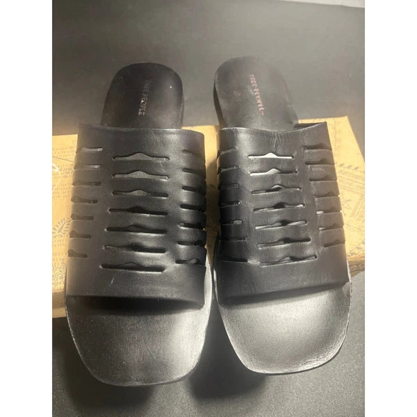 Free People NEW Slice of Sun Black Leather Slide Sandals Woven Slip On Size 8