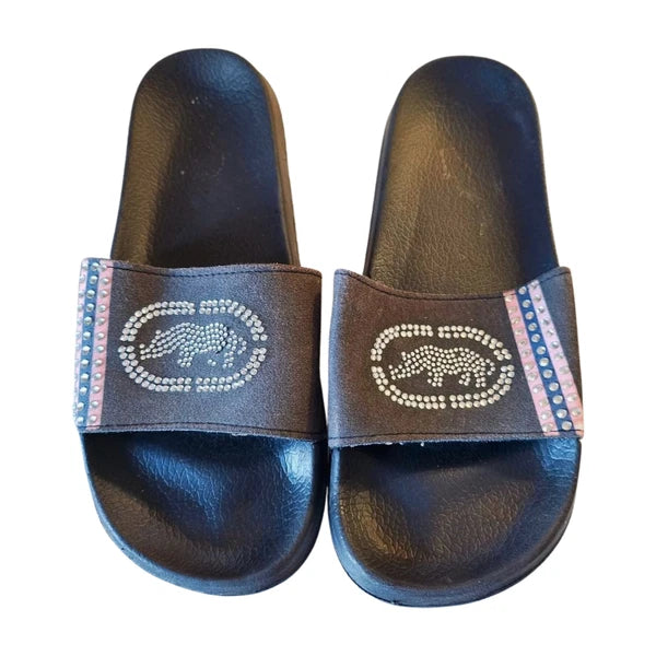 Ecko Unlimited SLIDES (Size 10) WOMENS Rhinestones PINK & BLACK Y2K Style