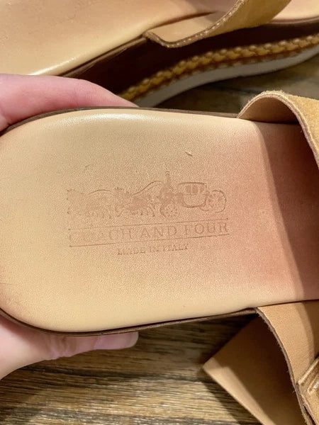 Coach and Four Treviso Tan Leather Platform Slide Sandals Gold Buckle Size 8