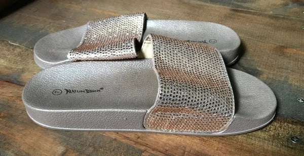 Nature Breeze Women's Sandals-Shoes-Size 7-Gold-Flat-Rhinestones-Fashion Slides